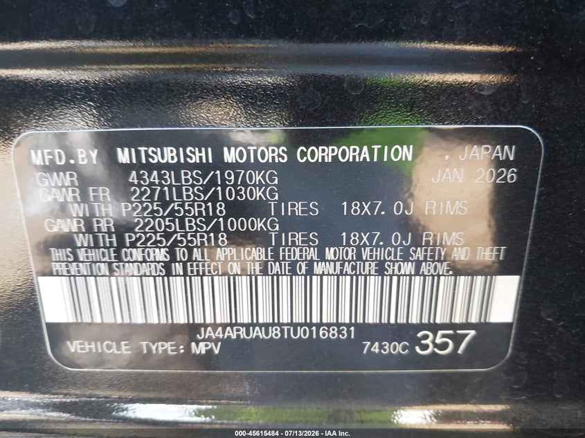 2026 Mitsubishi Outlander VIN JA4ARUAU8TU016831 IAAI salvage auction — ROLLOVER, Salvage Title, sold $425 on 2026-07-18 (photo 9)
