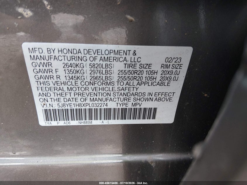 2023 Acura Mdx VIN 5J8YE1H8XPL032274 IAAI salvage auction — FRONT & REAR, Rebuildable (Florida), sold $10,300 on 2026-07-29 (photo 9)