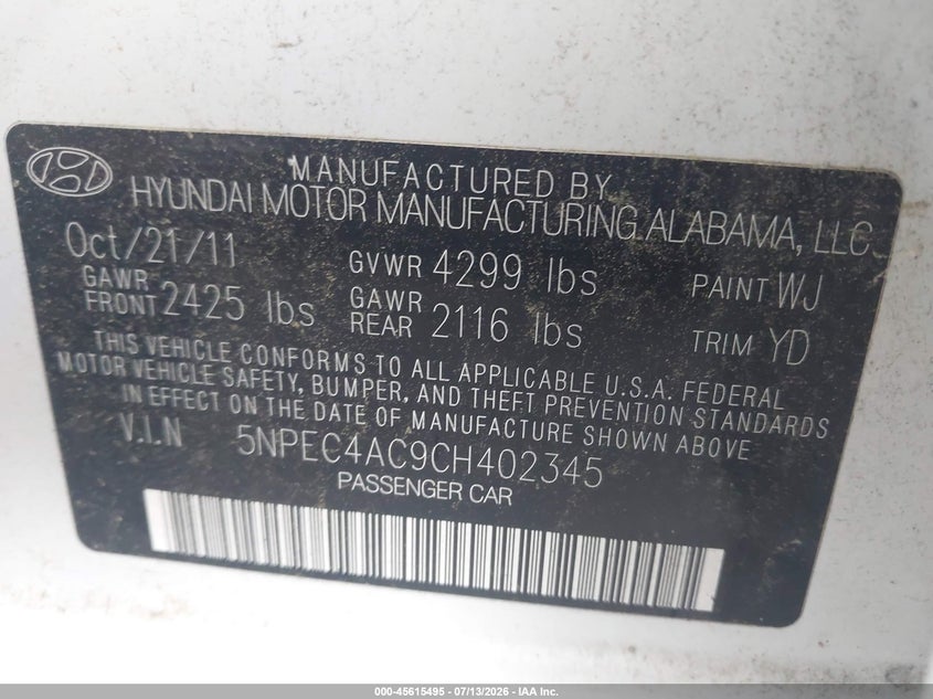 2012 Hyundai Sonata VIN 5NPEC4AC9CH402345 IAAI salvage auction — NORMAL WEAR, Clear (North Carolina), sold $500 on 2026-07-20 (photo 9)