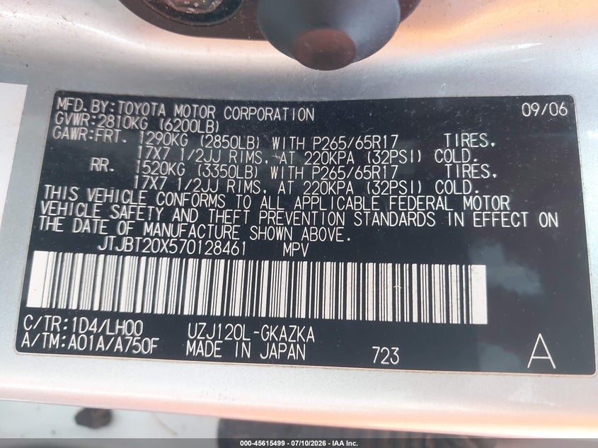 2007 Lexus Gx 470 VIN JTJBT20X570128461 IAAI salvage auction — NORMAL WEAR, Original (Maine), sold $1,550 on 2026-07-27 (photo 9)