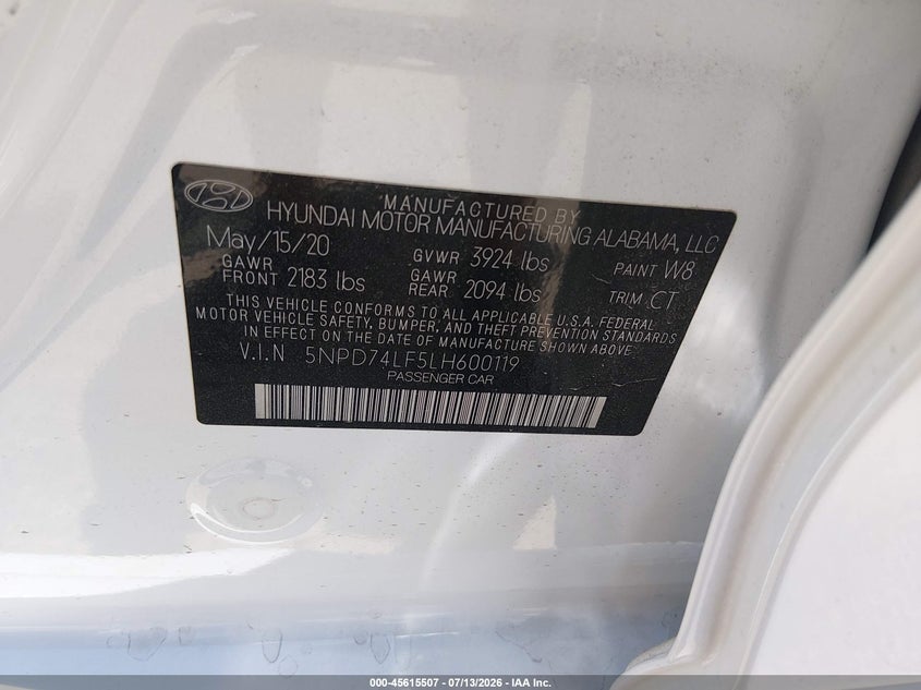 2020 Hyundai Elantra VIN 5NPD74LF5LH600119 IAAI salvage auction — NORMAL WEAR, Sf97 (Arizona), sold $9,250 on 2026-08-25 (photo 9)