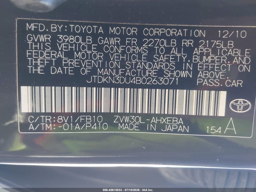 2011 Toyota Prius VIN JTDKN3DU4B0263071 IAAI salvage auction — REAR END, Salvage (California), sold $1,700 on 2026-07-27 (photo 9)