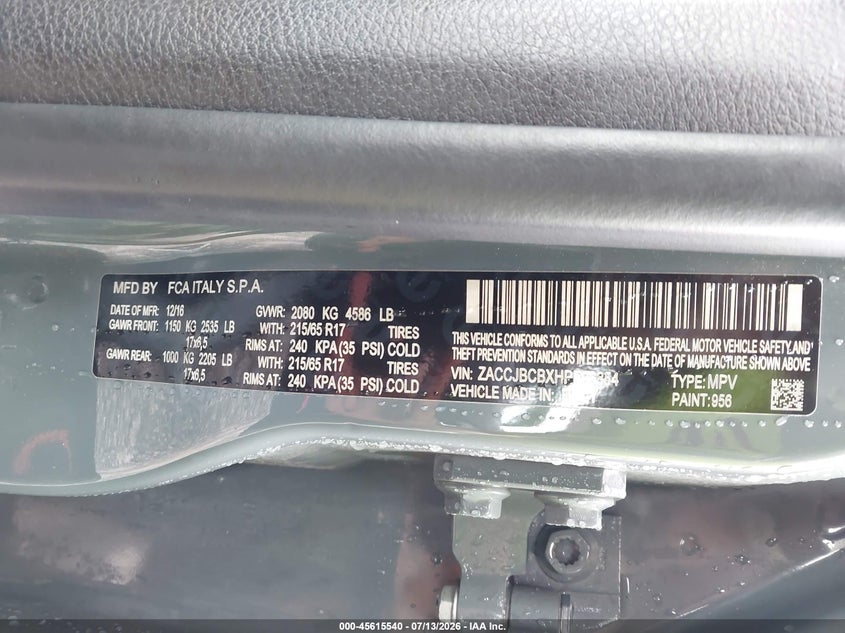 2017 Jeep Renegade VIN ZACCJBCBXHPE96854 IAAI salvage auction — FRONT END, Salvage Title, sold $2,050 on 2026-08-21 (photo 9)