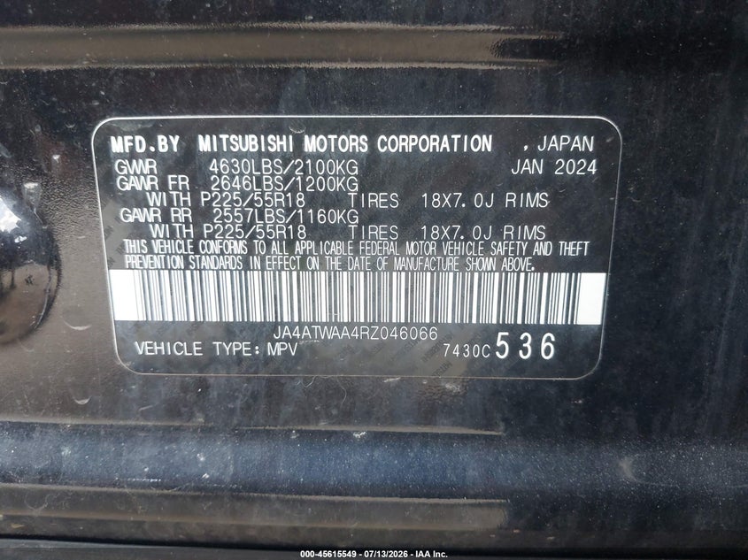 2024 Mitsubishi Eclipse cross VIN JA4ATWAA4RZ046066 IAAI salvage auction — RIGHT FRONT, Salvage Title, sold $10,800 on 2026-08-07 (photo 9)