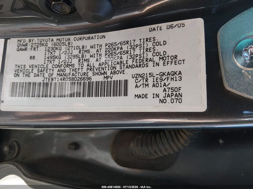 2005 Toyota 4runner VIN JTEBT14R058026696 IAAI salvage auction — NORMAL WEAR, Clear - Public Restricted (Oregon), sold $14,100 on 2026-07-20 (photo 9)