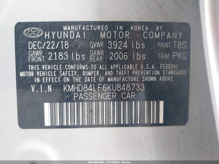 2019 Hyundai Elantra VIN KMHD84LF6KU848733 IAAI salvage auction — FRONT END, Salvage Title, sold $2,100 on 2026-07-29 (photo 9)