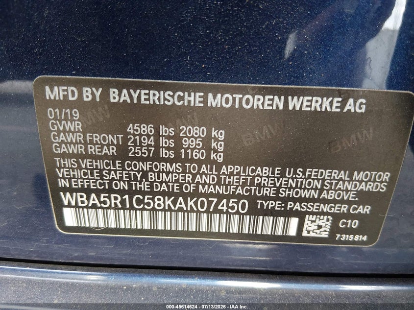 2019 BMW 3er VIN WBA5R1C58KAK07450 IAAI salvage auction — LEFT SIDE, Wait Title, sold $9,500 on 2026-08-03 (photo 9)