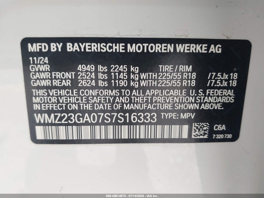 2025 Mini Countryman VIN WMZ23GA07S7S16333 IAAI salvage auction — FRONT END, Salvage Title, sold $1,050 on 2026-07-22 (photo 9)