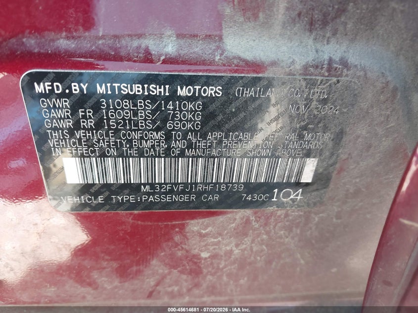 2024 Mitsubishi Mirage VIN ML32FVFJ1RHF18739 IAAI salvage auction — RIGHT FRONT, Enterprise Vehicles Clear Only (South Carolina), sold $7,750 on 2026-07-22 (photo 9)