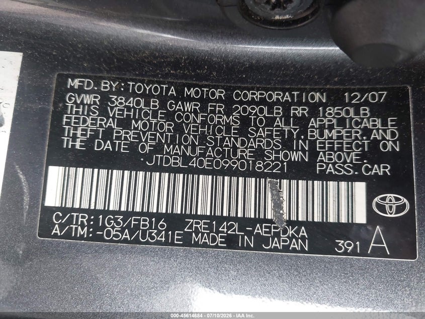 2009 Toyota Corolla VIN JTDBL40E099018221 IAAI salvage auction — LEFT FRONT, Clear (Maryland), sold $1,350 on 2026-07-28 (photo 9)