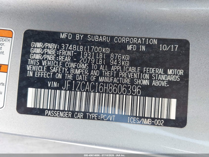 2017 Subaru Brz VIN JF1ZCAC16H8606396 IAAI salvage auction — NORMAL WEAR, Salvage Title, sold $750 on 2026-07-29 (photo 9)