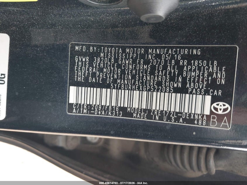 2016 Toyota Corolla VIN 5YFBURHEXGP522085 IAAI salvage auction — FRONT END, Clear (Virginia), sold $25 on 2026-07-28 (photo 9)
