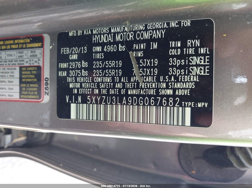 2013 Hyundai Santa fe VIN 5XYZU3LA9DG067682 IAAI salvage auction — NORMAL WEAR, Clear (Michigan), sold $875 on 2026-07-30 (photo 9)