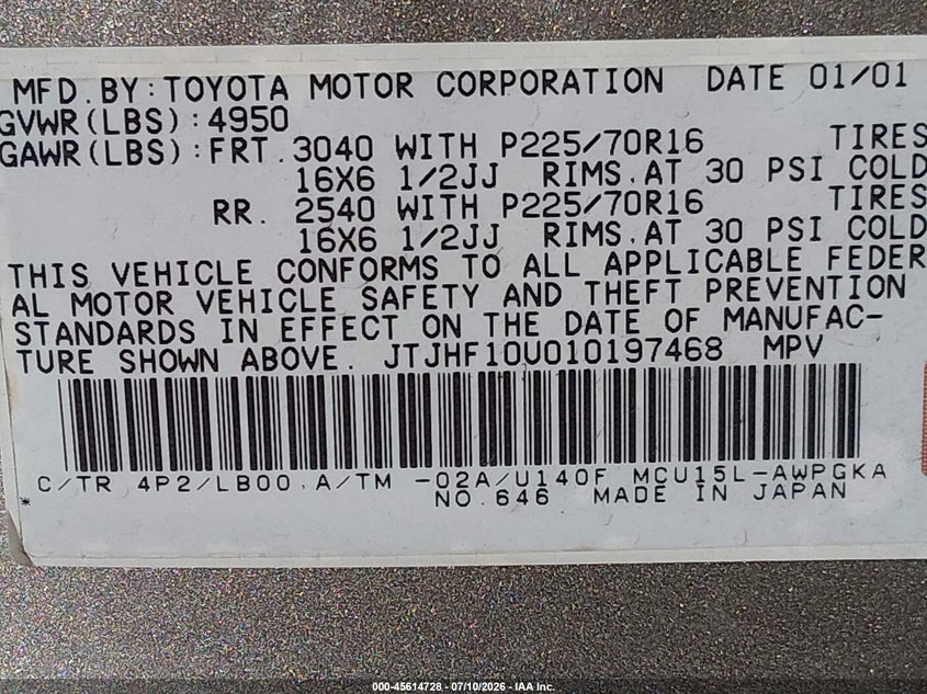 2001 Lexus Rx 300 VIN JTJHF10U010197468 IAAI salvage auction — NORMAL WEAR, Regular (Nevada), sold $550 on 2026-07-17 (photo 9)