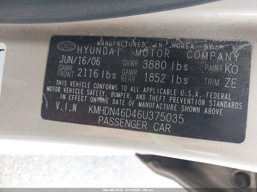 2006 Hyundai Elantra VIN KMHDN46D46U375035 IAAI salvage auction — NORMAL WEAR, Clear, sold $450 on 2026-07-17 (photo 9)
