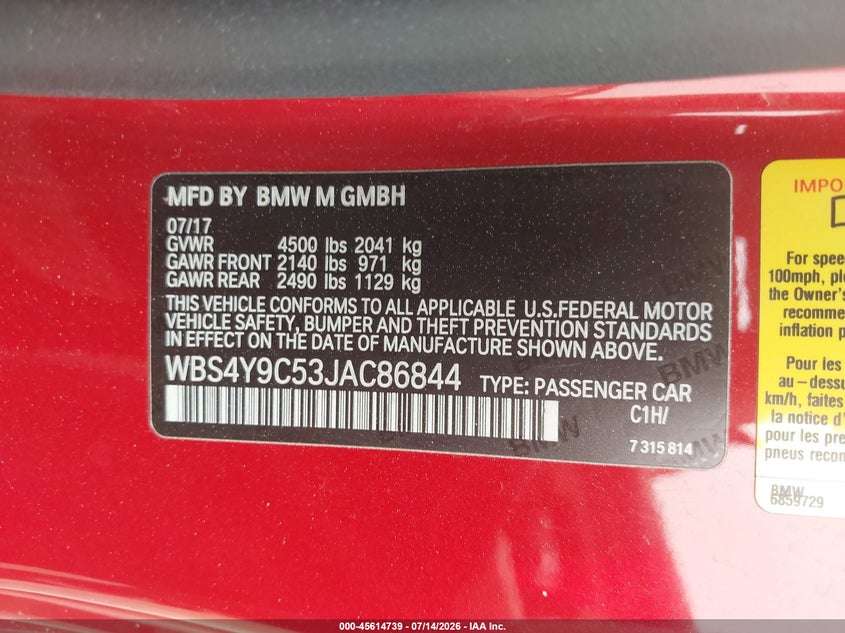 2018 BMW M4 VIN WBS4Y9C53JAC86844 IAAI salvage auction — WATER/FLOOD, Salvage Title, sold $16,400 on 2026-07-31 (photo 9)