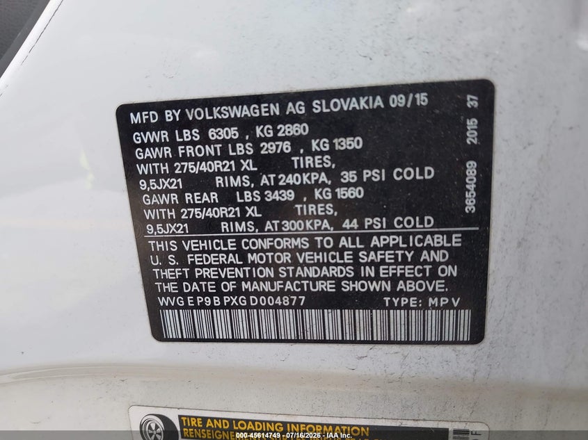 2016 Volkswagen Touareg VIN WVGEP9BPXGD004877 IAAI salvage auction — REAR END, Wait Title, sold $6,900 on 2026-08-13 (photo 9)