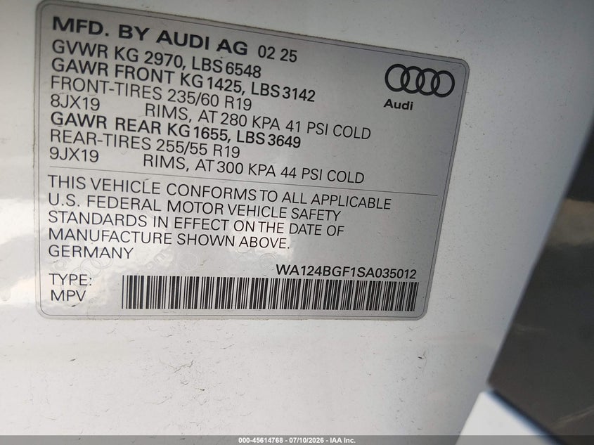2025 Audi Q6 VIN WA124BGF1SA035012 IAAI salvage auction — LEFT FRONT, Wait Title, sold $13,500 on 2026-08-26 (photo 9)