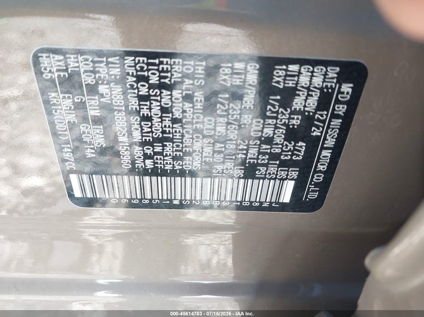 2025 Nissan Rogue VIN JN8BT3BB2SW158960 IAAI salvage auction — LEFT FRONT, Clear, sold $8,600 on 2026-07-22 (photo 9)