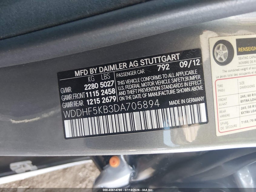 2013 Mercedes-benz E-klasse VIN WDDHF5KB3DA705894 IAAI salvage auction — LEFT SIDE, Salvage (Arizona), sold $250 on 2026-08-04 (photo 9)