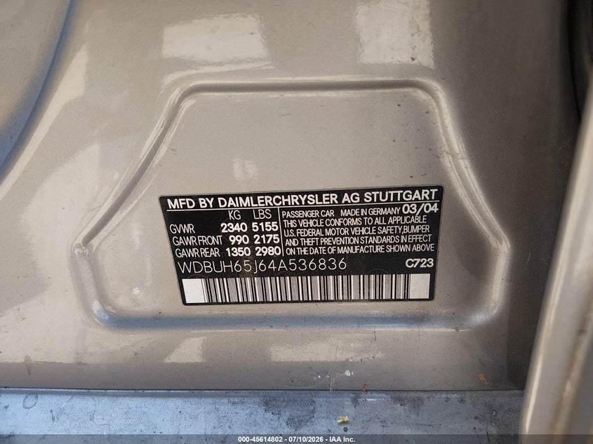 2004 Mercedes-benz E-class VIN WDBUH65J64A536836 IAAI salvage auction — UNKNOWN, Clear - Dealer Only (California), sold $200 on 2026-07-22 (photo 9)