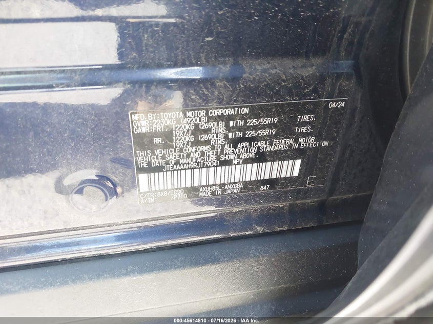 2024 Toyota Venza VIN JTEAAAAH9RJ179041 IAAI salvage auction — FRONT END, Clear (California), sold $4,250 on 2026-07-30 (photo 9)