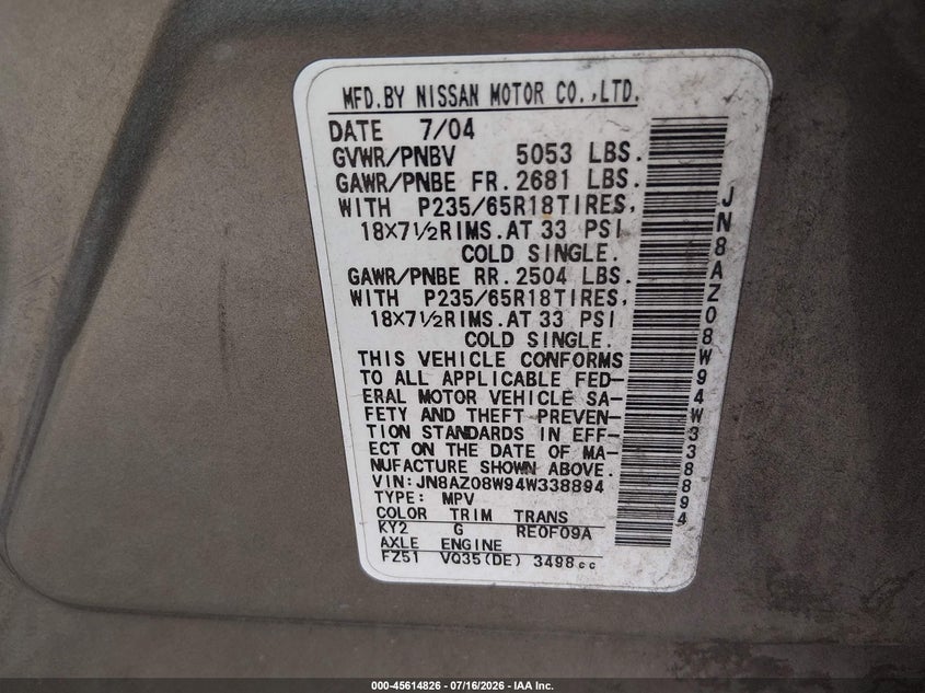2004 Nissan Murano VIN JN8AZ08W94W338894 IAAI salvage auction — NORMAL WEAR, Clear - Public Restricted (Oregon), sold $25 on 2026-07-29 (photo 9)