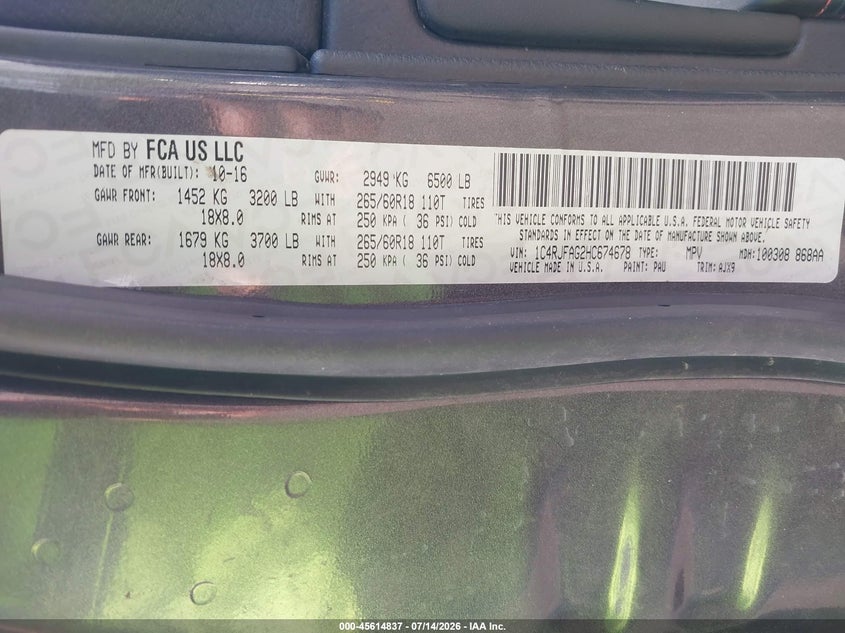 2017 Jeep Grand cherokee VIN 1C4RJFAG2HC674678 IAAI salvage auction — FRONT END, Salvage (Florida), sold $1,600 on 2026-07-22 (photo 9)