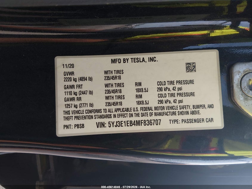 2021 Tesla Model 3 VIN 5YJ3E1EB4MF836707 IAAI salvage auction — ELECTRICAL, Salvage (Louisiana), sold $3,450 on 2026-08-15 (photo 9)