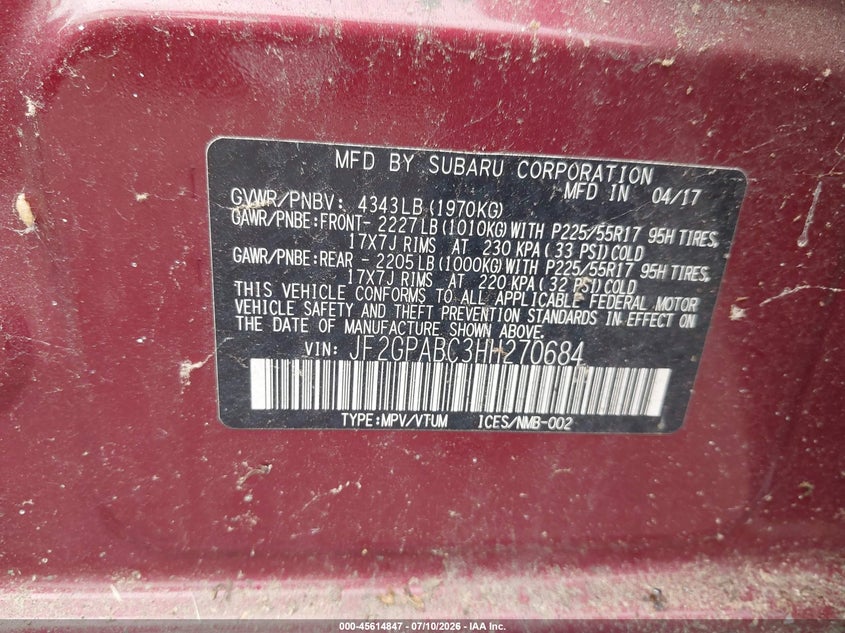 2017 Subaru Crosstrek VIN JF2GPABC3HH270684 IAAI salvage auction — NORMAL WEAR, Clear (New York), sold $775 on 2026-07-28 (photo 9)