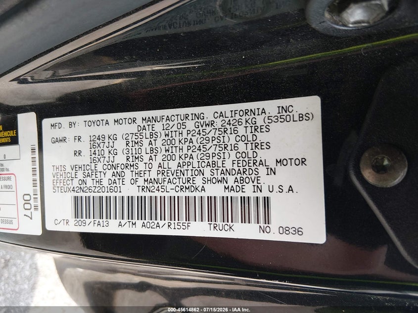 2006 Toyota Tacoma VIN 5TEUX42N26Z201601 IAAI salvage auction — NORMAL WEAR, Clear (South Carolina), sold $1,350 on 2026-07-29 (photo 9)