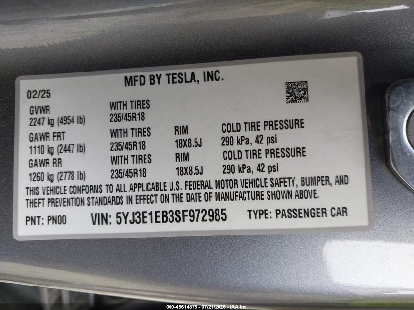 2025 Tesla Model 3 VIN 5YJ3E1EB3SF972985 IAAI salvage auction — FRONT END, Salvage (Massachusetts), sold $8,800 on 2026-08-28 (photo 9)