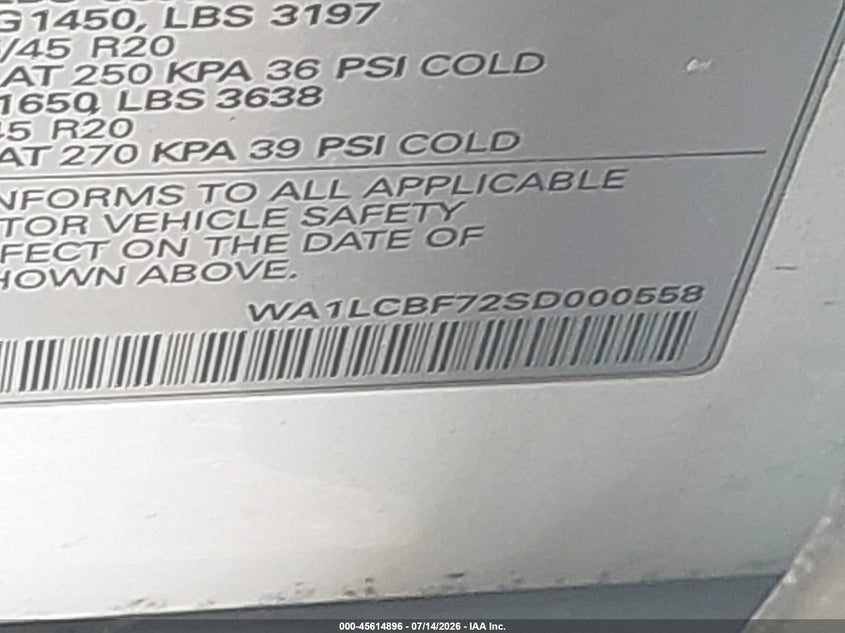 2025 Audi Q7 VIN WA1LCBF72SD000558 IAAI salvage auction — FRONT & REAR, Salvage Title, sold $17,400 on 2026-07-28 (photo 9)