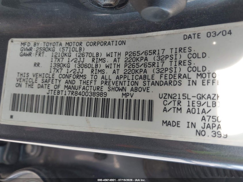 2004 Toyota 4runner VIN JTEBT17R840038989 IAAI salvage auction — NORMAL WEAR, Clear (Indiana), sold $725 on 2026-07-23 (photo 9)