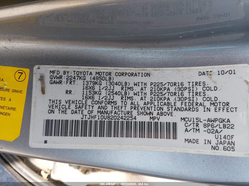 2002 Lexus Rx 300 VIN JTJHF10U820242254 IAAI salvage auction — NORMAL WEAR, Clear (Washington), sold $450 on 2026-07-29 (photo 9)