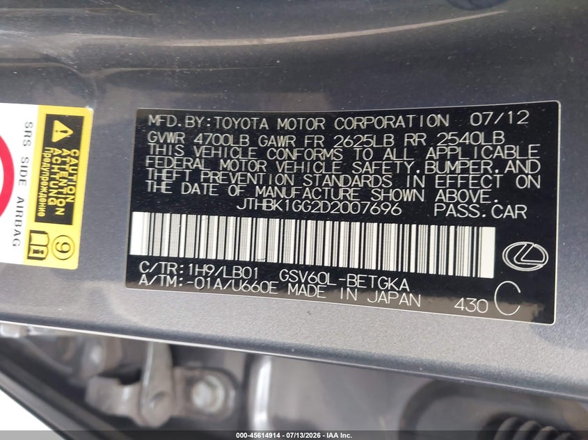 2013 Lexus ES VIN JTHBK1GG2D2007696 IAAI salvage auction — NORMAL WEAR, Clear-Dealer Only (Arizona), sold $4,000 on 2026-07-16 (photo 9)