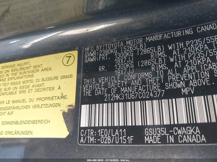 2007 Lexus Rx 350 VIN 2T2HK31U67C024377 IAAI salvage auction — NORMAL WEAR, Clear - Dealer Only (California), sold $1,700 on 2026-07-27 (photo 9)