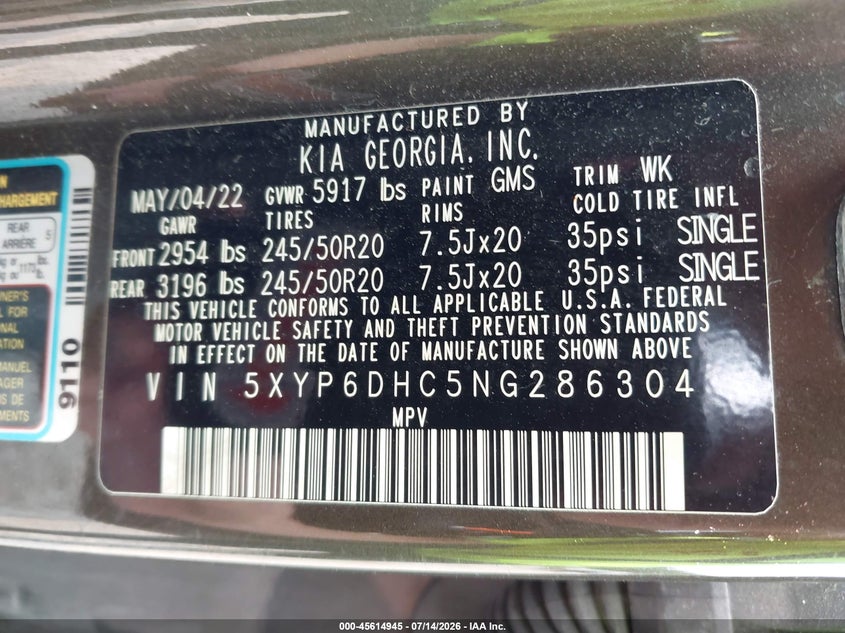 2022 Kia Telluride VIN 5XYP6DHC5NG286304 IAAI salvage auction — FRONT END, Salvage Title, sold $5,900 on 2026-07-28 (photo 9)