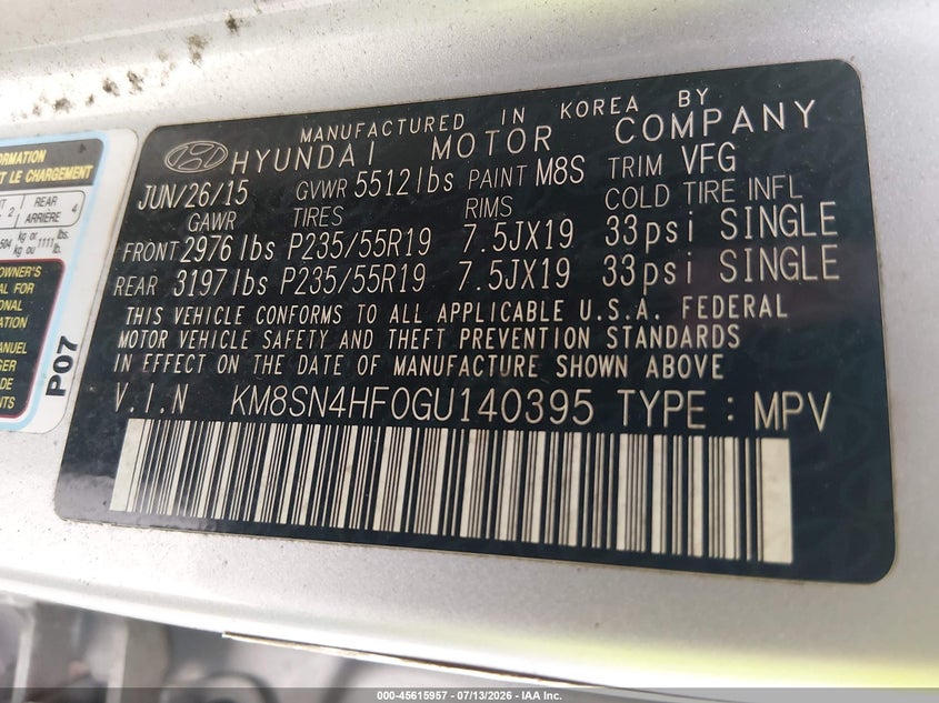 2016 Hyundai Santa fe VIN KM8SN4HF0GU140395 IAAI salvage auction — NORMAL WEAR, Clear (Florida), sold $2,700 on 2026-08-01 (photo 9)