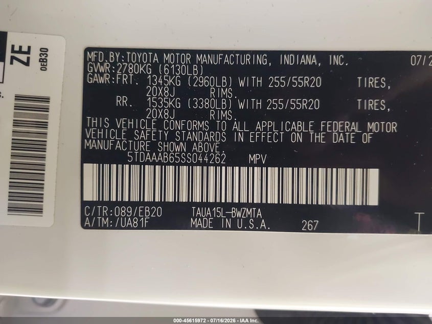 2025 Lexus Tx VIN 5TDAAAB65SS044262 IAAI salvage auction — REAR END, Wait Title, sold $37,150 on 2026-09-21 (photo 9)