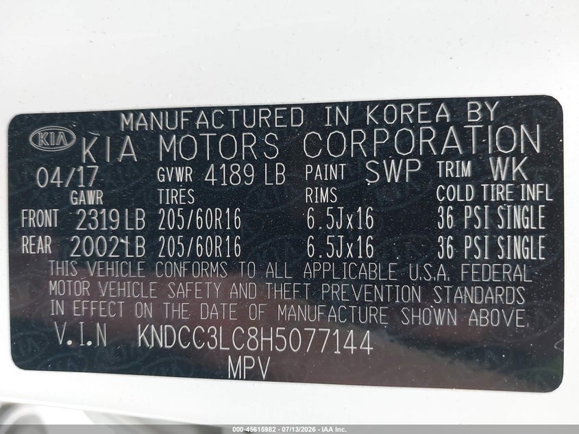 2017 Kia Niro VIN KNDCC3LC8H5077144 IAAI salvage auction — LEFT SIDE, Salvage Certificate (California), sold $25 on 2026-07-29 (photo 9)