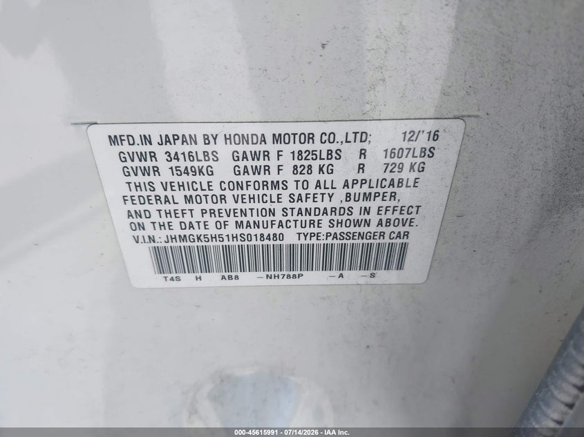 2017 Honda Fit VIN JHMGK5H51HS018480 IAAI salvage auction — NORMAL WEAR, Salvage Title, sold $2,850 on 2026-07-20 (photo 9)