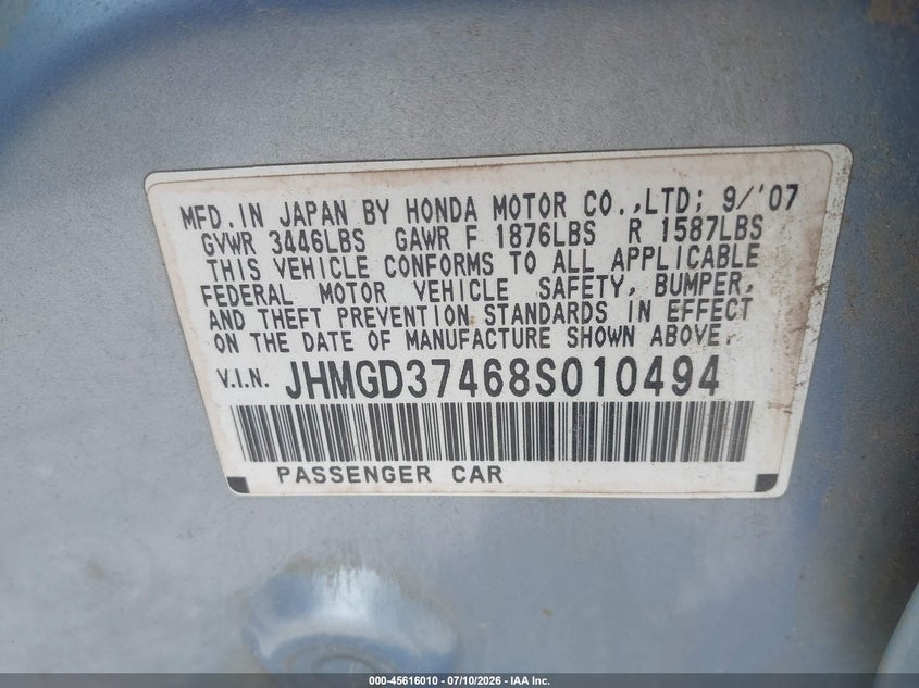 2008 Honda Fit VIN JHMGD37468S010494 IAAI salvage auction — UNKNOWN, Clear (North Carolina), sold $625 on 2026-07-31 (photo 9)