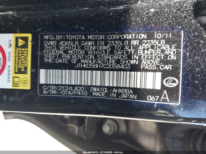2012 Lexus VIN JTHKD5BH7C2058403 IAAI salvage auction — NORMAL WEAR, Salvage Title, sold $1,400 on 2026-07-23 (photo 9)