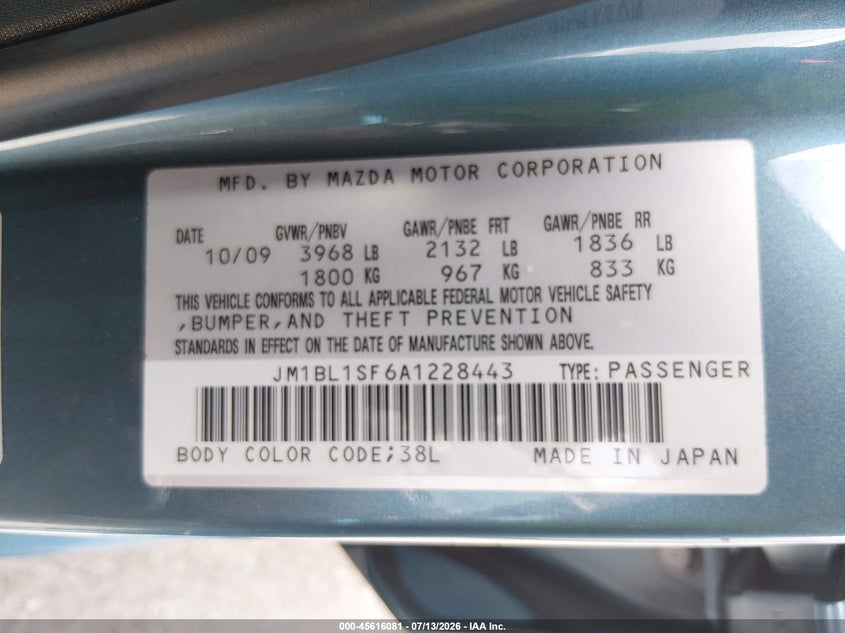 2010 Mazda 3 VIN JM1BL1SF6A1228443 IAAI salvage auction — UNKNOWN, Original (Texas), sold $575 on 2026-07-20 (photo 9)
