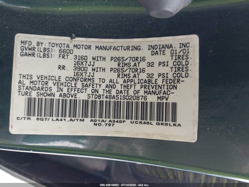 2001 Toyota Sequoia VIN 5TDBT48A51S020876 IAAI salvage auction — NORMAL WEAR, Clear (Illinois), sold $1,050 on 2026-07-22 (photo 9)