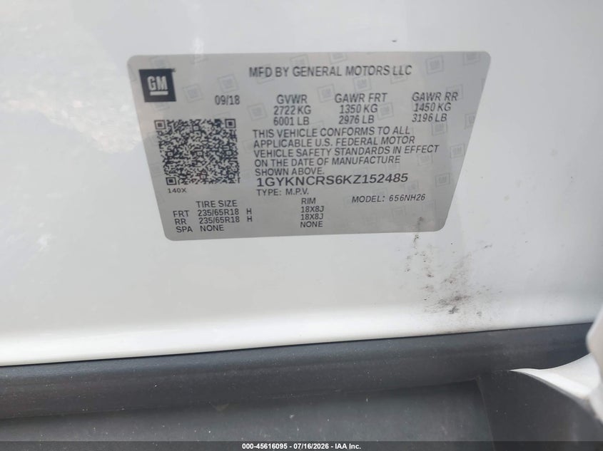 2019 Cadillac Xt5 VIN 1GYKNCRS6KZ152485 IAAI salvage auction — FRONT & REAR, Salvage Title, sold $2,450 on 2026-09-03 (photo 9)