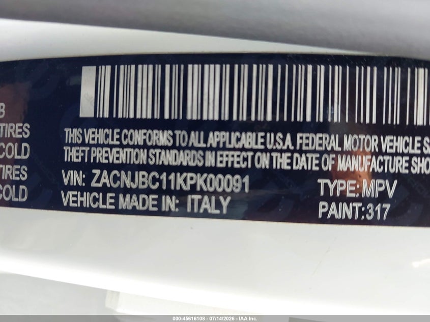 2019 Jeep Renegade VIN ZACNJBC11KPK00091 IAAI salvage auction — NORMAL WEAR, Clear (Michigan), sold $5,500 on 2026-07-16 (photo 9)