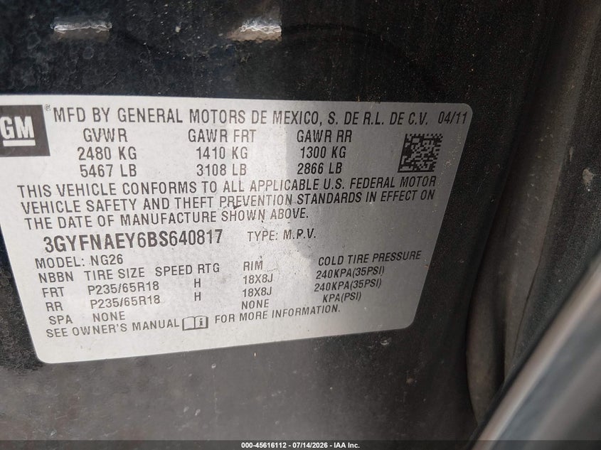 2011 Cadillac Srx VIN 3GYFNAEY6BS640817 IAAI salvage auction — ENGINE DAMAGE, Nrc Lienholder Repossession Paperwork (Texas), sold $475 on 2026-08-03 (photo 9)
