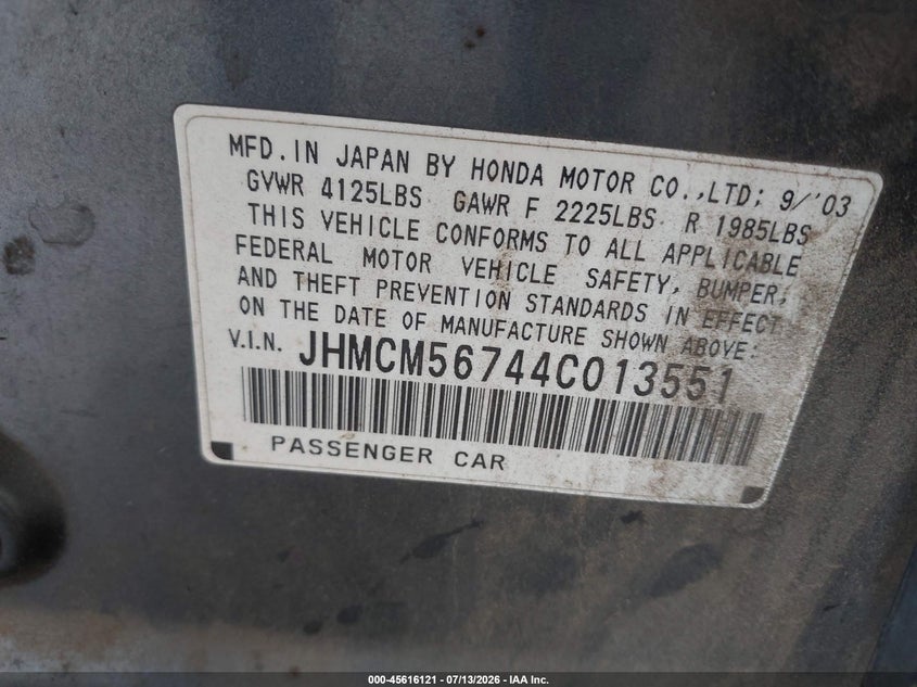 2004 Honda Accord VIN JHMCM56744C013551 IAAI salvage auction — NORMAL WEAR, Clear - Dealer Only (California), sold $325 on 2026-07-28 (photo 9)